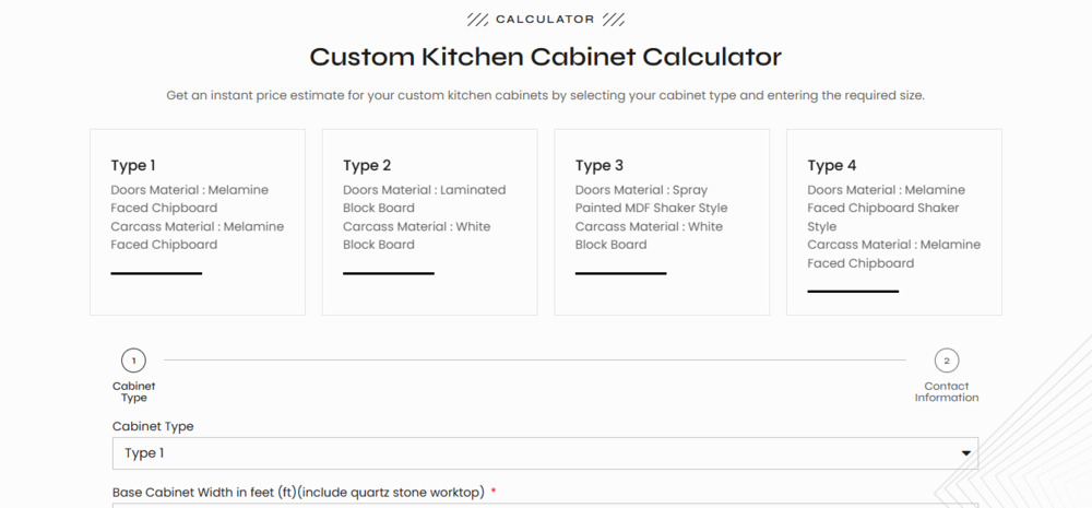 Cabinetree’s custom kitchen cabinet calculator to get price estimates