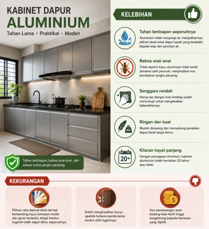 Infografik kabinet dapur aluminium dengan kelebihan dan kekurangan utama.