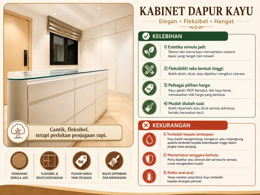 Infografik kabinet dapur kayu yang memaparkan kelebihan dan kekurangan utama.